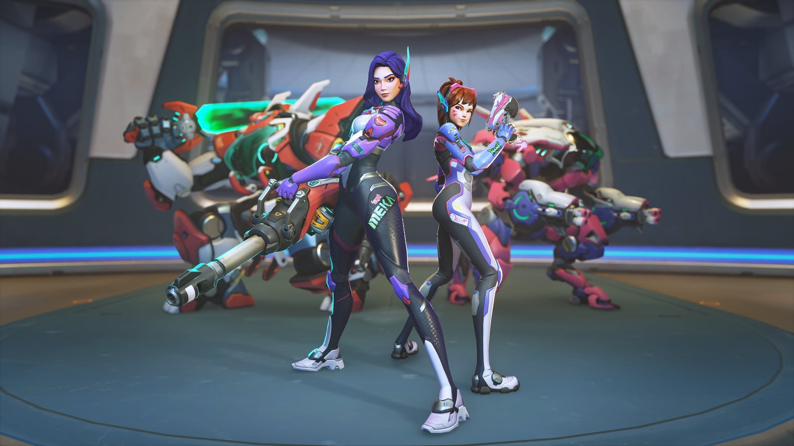 D.Mon and D.Va standing together in the MEKA hangar, their mechs behind them