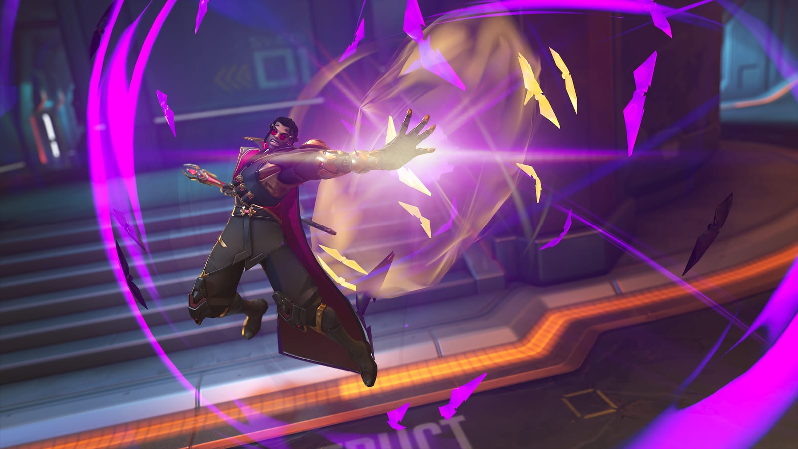 Doctrine airborne with one arm thrust forward, a burst of white-gold light at his palm and a spiralling ring of magenta drone shards expanding outward around him.