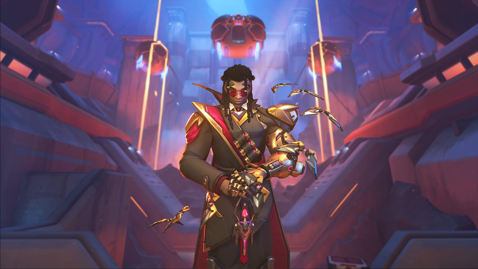 Doctrine standing in a red and blue lit hall, wearing a long dark coat with gold and crimson trim and round red glasses, a gold prosthetic arm at his side and blade-winged mechanical bats hovering around him.
