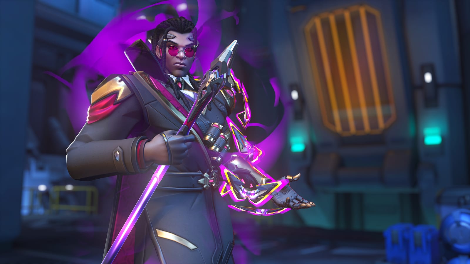 Doctrine mid-Infuse: magenta energy coils behind him, his scepter glows violet, and gold and pink geometric light wraps around his outstretched prosthetic hand.